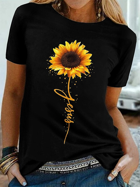 

Crew Neck Sunflower Short Sleeve Casual T-Shirt, Black, T-Shirts