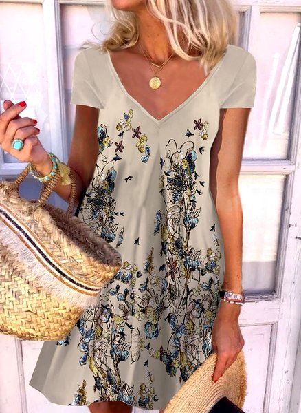 

Floral Butterfly Casual V Neck Short Sleeve Knit Dress, Multicolor, Dresses