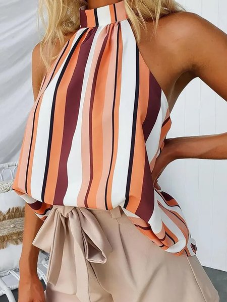 

Striped Halter Regular Fit Short Sleeve Top, Orange, Tanks and Camis