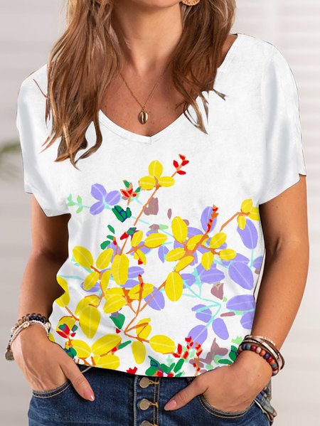 

Floral Vacation Loosen Short Sleeve Tops V neck, White, T-Shirts