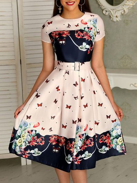 

Regular Fit Butterfly Crew Neck Short Sleeve Woven Dress, White, Midi Dresses