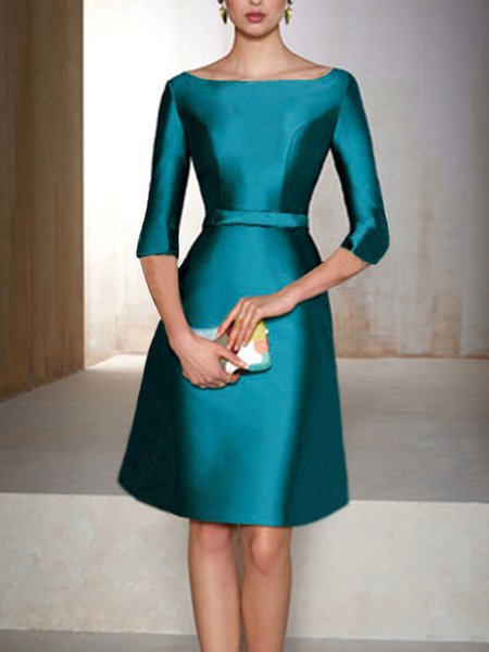 

Elegant Boat Neck Solid Half Sleeve Knee Dress, Blue, Midi Dresses