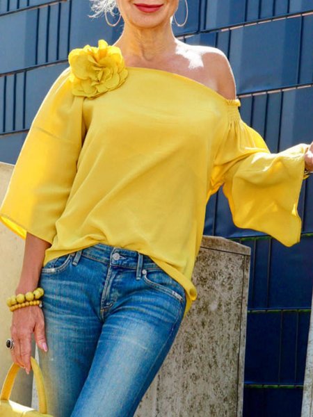 

Asymmetrical Neck Elegant Loosen Long Sleeve Top, Yellow, Tops