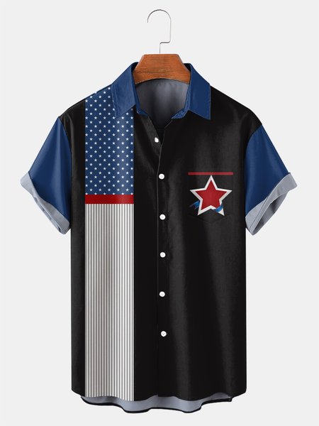 

Independence Day Graphic Men's Casual Chest Pocket Short Sleeve Bowling Shirt, Black, Men's Floral shirt