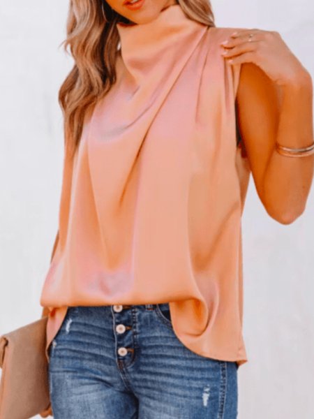 

Summer Stand Collar Plain Short Sleeve Lightweight Daily Tops, Pink, Blouses and Shirts
