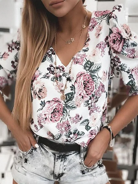 

Casual Loosen V neck Floral Short Sleeve Tops, As picture, Tops