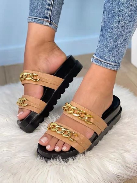 

Thick Chain Straps Platform Casual Slippers, Brown, Slippers