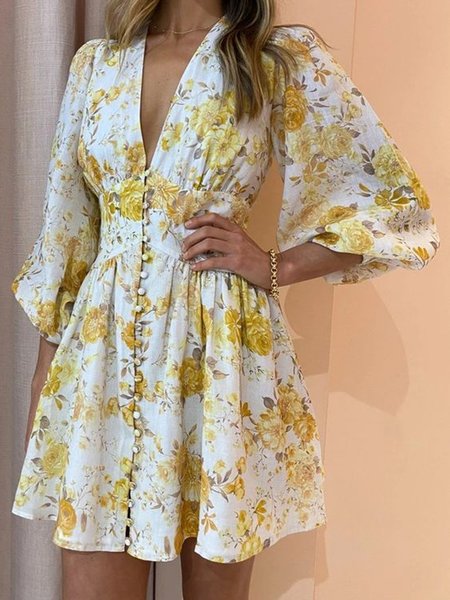 

Sweet V Neck Regular Fit Long Sleeve Woven Mini Dress, Yellow, Mini Dresses