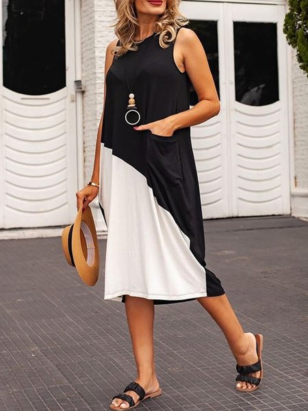 

A-line Loosen Casual Crew Neck Sleeveless Knitting Dresses, Black-white, Dresses