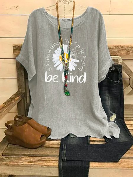 

Crew Neck Letter Casual Short Sleeve Tops, Gray, Tops