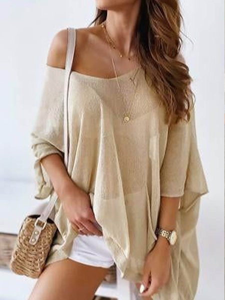 

Plain colorless cotton hemp loose holiday Pullover T-shirt Plus Size, Apricot, Tunics
