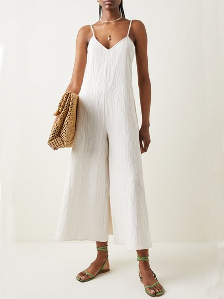 

V Neck Solid Casual Cami Jumpsuit, White, Jumpsuits