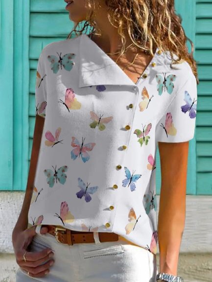 

Butterfly Lapel Casual Short Sleeve Tops, White, Tops