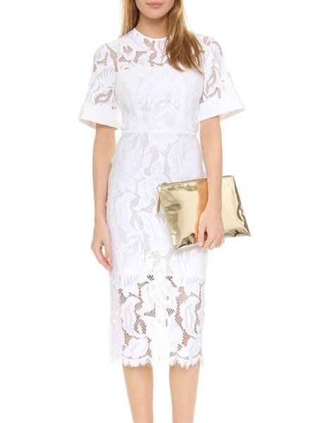 

Elegant Regular Fit Short Sleeve Woven Dress, White, Midi Dresses
