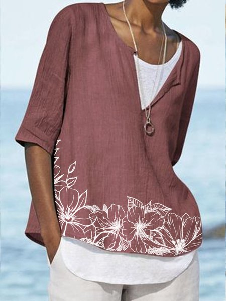 

Floral V neck Casual Cotton Blends Short Sleeve Tops, Cameo, T-Shirts