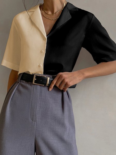 

Regular Fit Work Color Block Short Sleeve Blouse, Black, Blouses and Shirts