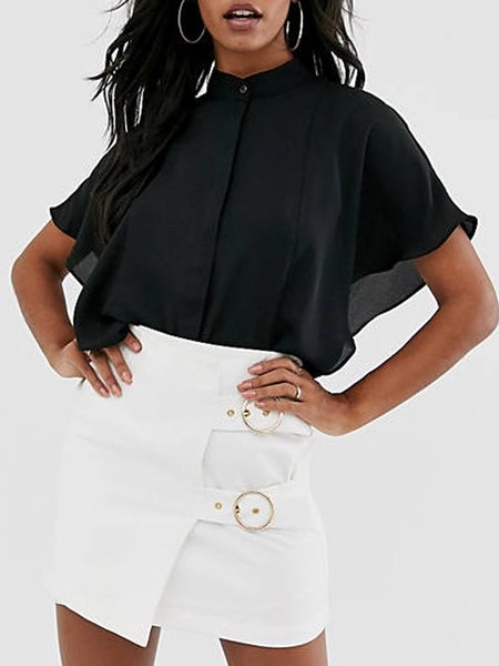 

Stand Collar Frill Sleeve Short Sleeve Blouse, Black, Blouses and Shirts