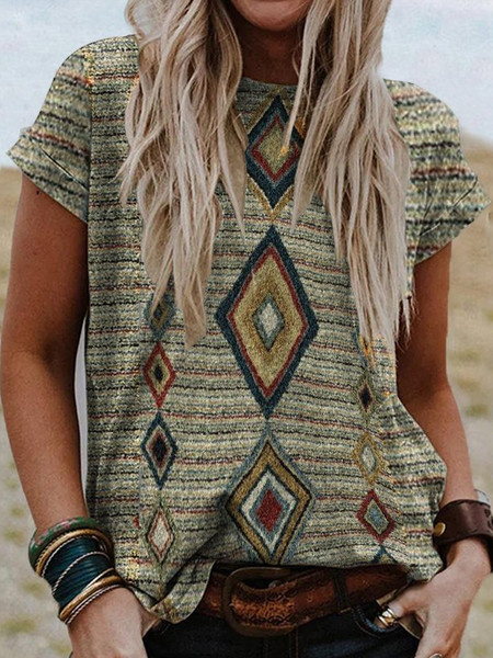 

Crew Neck Tribal Loosen Short Sleeve T-Shirt, Multicolor, T-Shirts