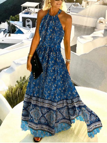

Halter Casual Loosen Tribal Sleeveless Woven Dresses, Blue, Dresses