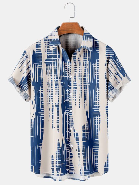 

Mens Art Geometric Stripe Print Casual Breathable Short Sleeve Shirt, Apricot, Men's Floral shirt