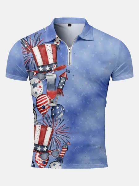 

Leisure-style Festive Collection Independence Day Lapel Short Sleeve Polo Print Top, Blue, Men's t-shirts