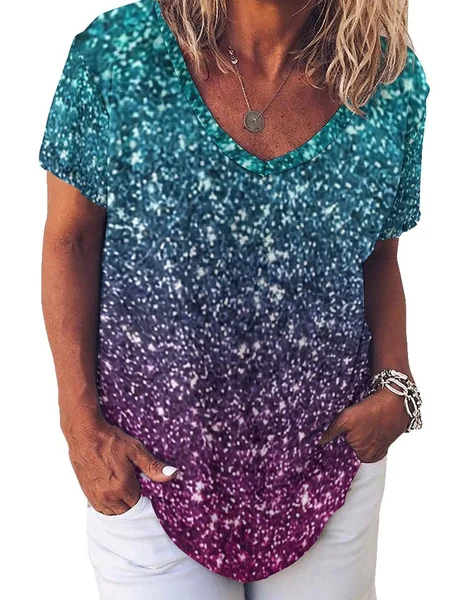 

Loosen Ombre V Neck Short sleeve tops, Purple, T-shirts