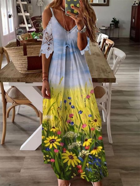 

Casual Daisy V Neck Plus Size Printed Dress, Yellow, Maxi Dresses