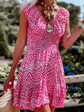 

V Neck Tribal Vacation Short Sleeve Woven Dress, Rose red, Dresses