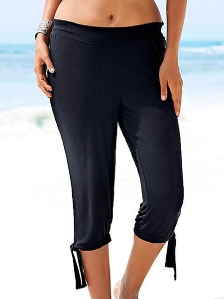 Casual Plus Size Cropped Pants, Black, Leggings