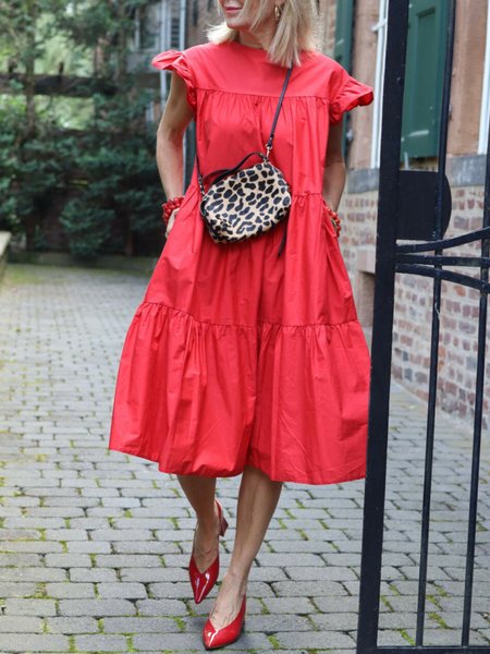 

Crew Neck Plain Loosen Short Sleeve Woven Midi Dress, Red, Midi Dresses