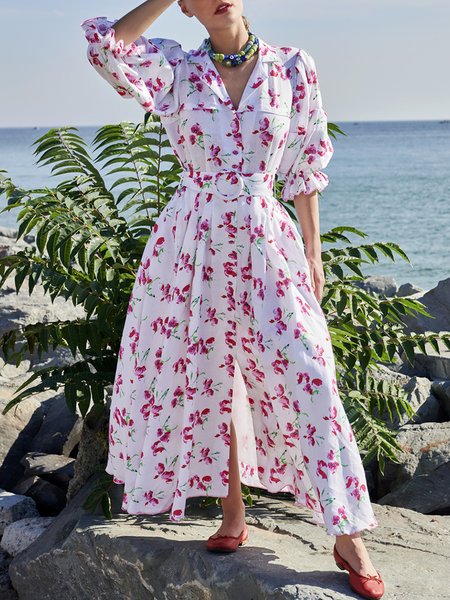 

Romantic Flat Collar Floral Short Sleeve Woven Midi Dress, Pink, Maxi Dresses
