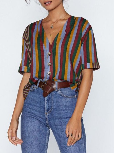

Casual V Neck Short Sleeve Blouse, Multicolor, Blouses and Shirts