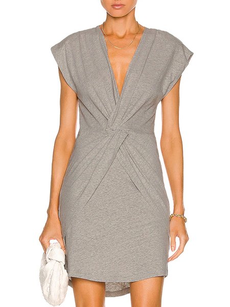 

Daily V neck Plain Casual Short Sleeve Knit Dress, Gray, Mini Dresses