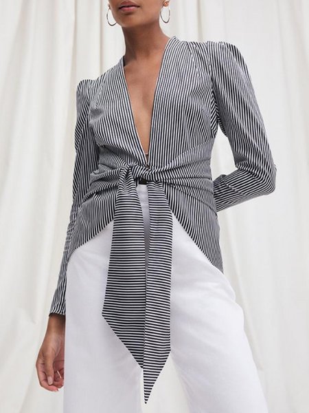 Striped Regular Fit V Neck Long Sleeve Top, Black-white, Tops
