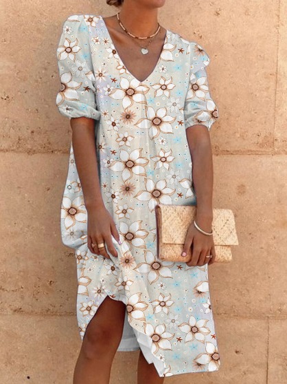 

Casual V Neck Loosen Floral Short Sleeve Woven Dress, Multicolor, Dresses