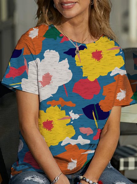 

Crew Neck Floral Loosen Short Sleeve Tops, Blue, T-Shirts