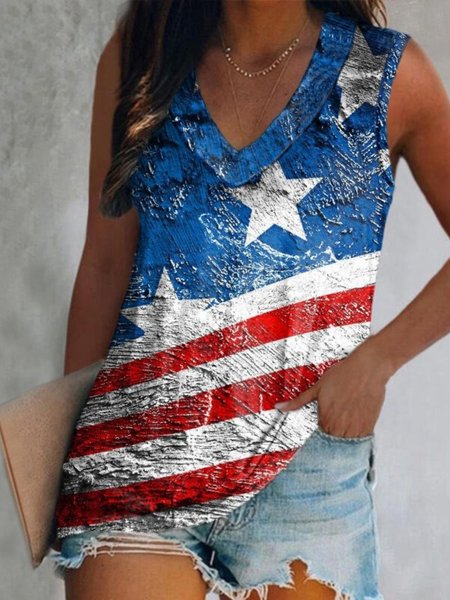 

Casual Sleeveless V Neck Plus Size Printed Tank Top Vests, Blue, Tank Top