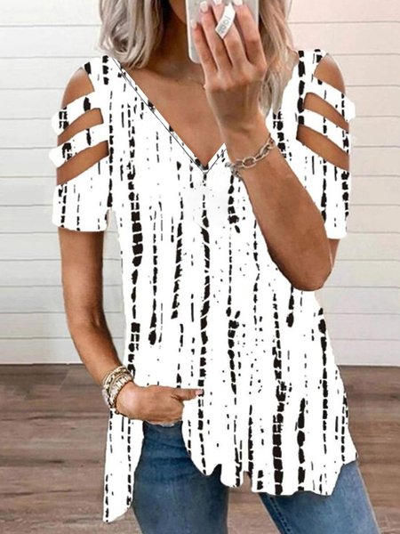 

Tribal Geometric Striped Casual Hollow Out V Neck Loosen Short Sleeve Tunic T-Shirt, Flower, Shirts & Blouses