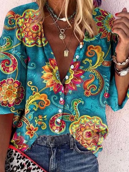 

Floral Vacation Mid Sleeve Blouse, Blue, Shirts & Blouses
