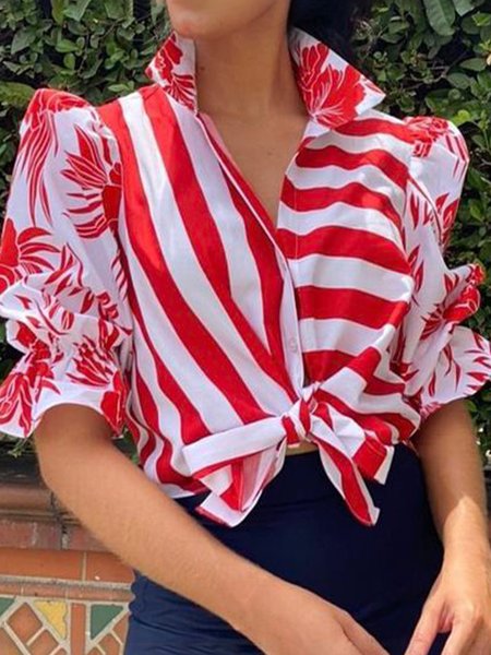 

Shirt Collar Vacation Striped Short Sleeve Daily Blouse, Red, Blouses and Shirts