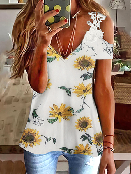 

Sexy resort beach top in sunflower print with lace on shoulders Sunflower Loosen Short Sleeve Tops, White, T-Shirts