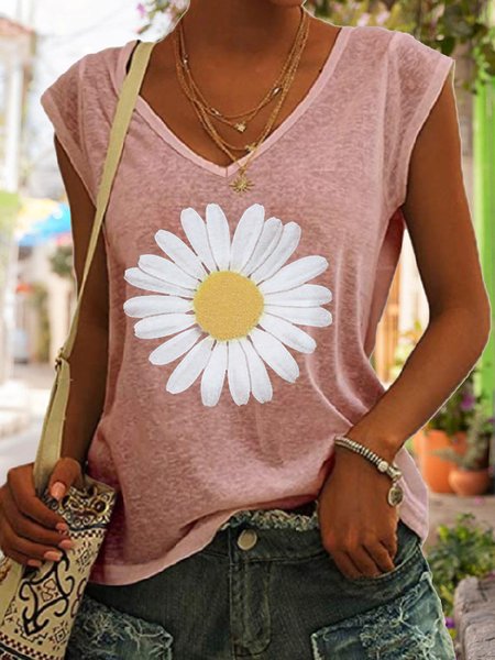 

Large Daisy Flower Casual Knit Tank, Pink, Tank Tops
