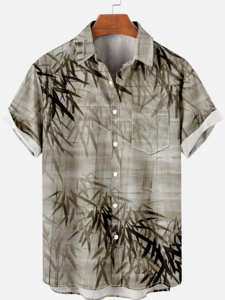 

Men's Casual Simple Bamboo Leaf Print Short Sleeve Shirt, As picture, Short Sleeves Shirts