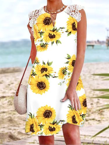 

Lace Embellished Sunflower Print Sexy Resort Beach Dress Sunflower Notched Short Sleeve Woven Dress, White, Mini Dresses