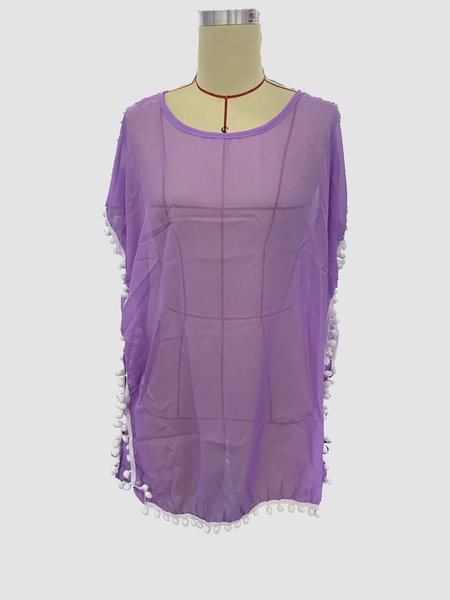 

Holiday Chiffon Beach Skirt Blouse Solid Color Tassel Small White Ball Plus Size, Purple, Swimwear