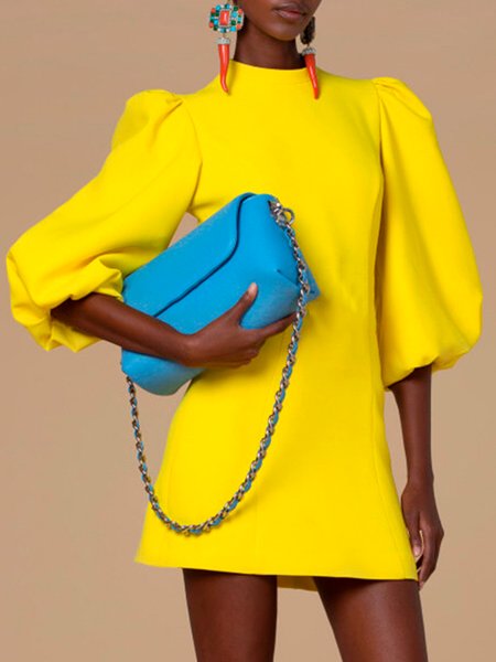 

Round Neck Plain Regular Fit Puff Sleeve Short Sleeve Woven Mini Dress, Yellow, Mini Dresses