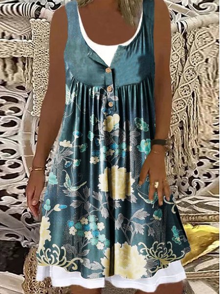

Notched Floral Vintage Short Sleeve Knit Dress, Multicolor, Mini Dresses
