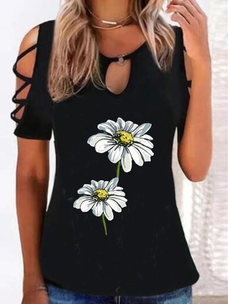 

Casual Floral Short Sleeve T-Shirt, Black, T-Shirts