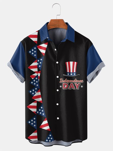 American Flag Graphic Men's Casual Short Sleeve Shirt, Black-blue, Men's Floral shirt