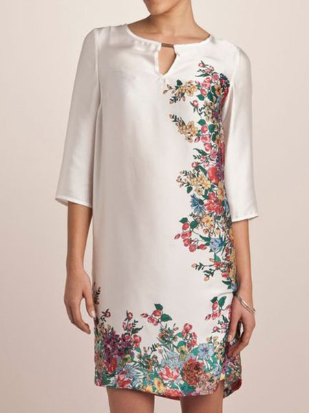 

Summer A-line Crew Neck Elegant Satin Floral Short Sleeve Woven Dress, White, Mini Dresses